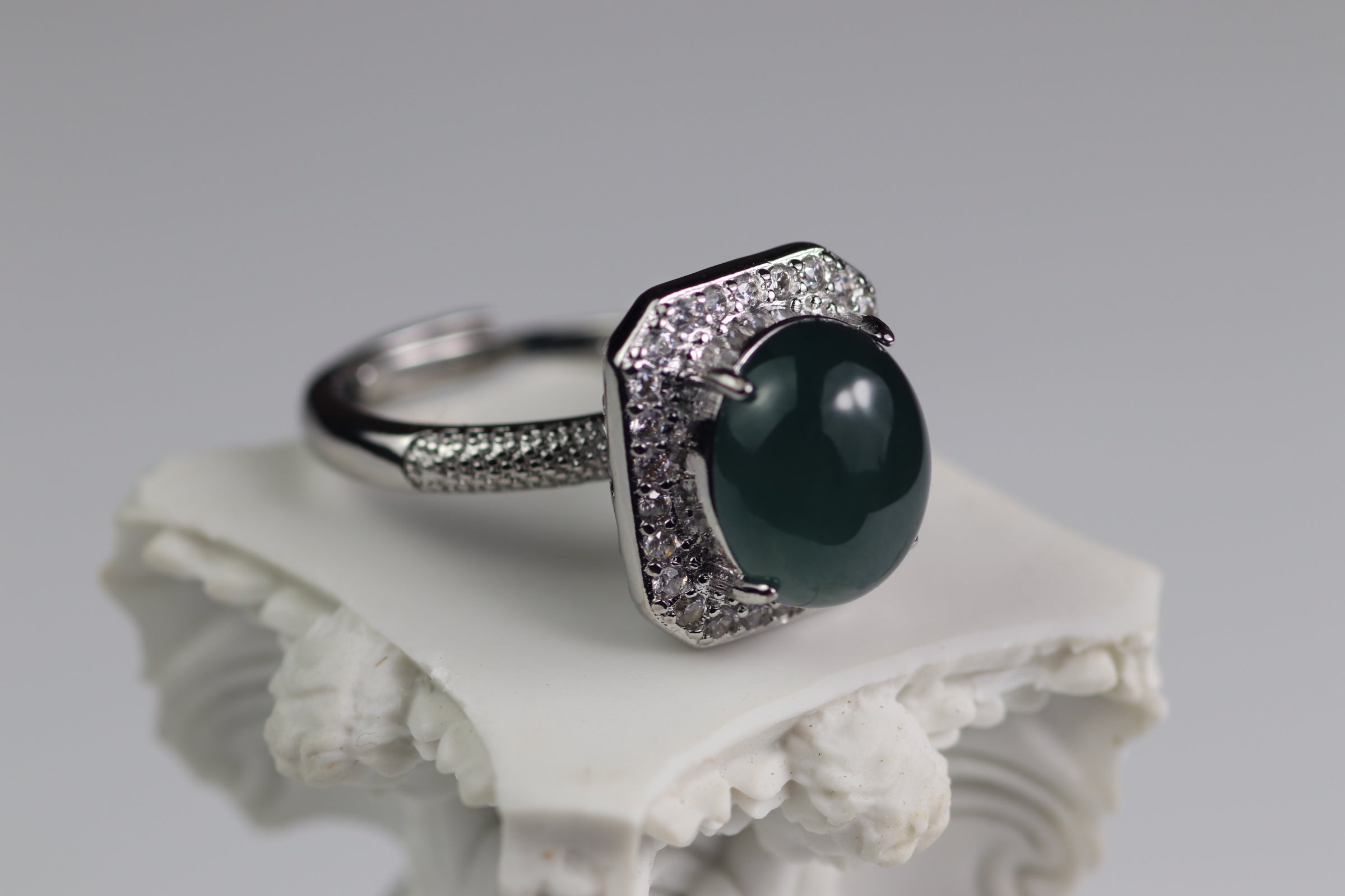 Cushion Halo Oval Jade Ring