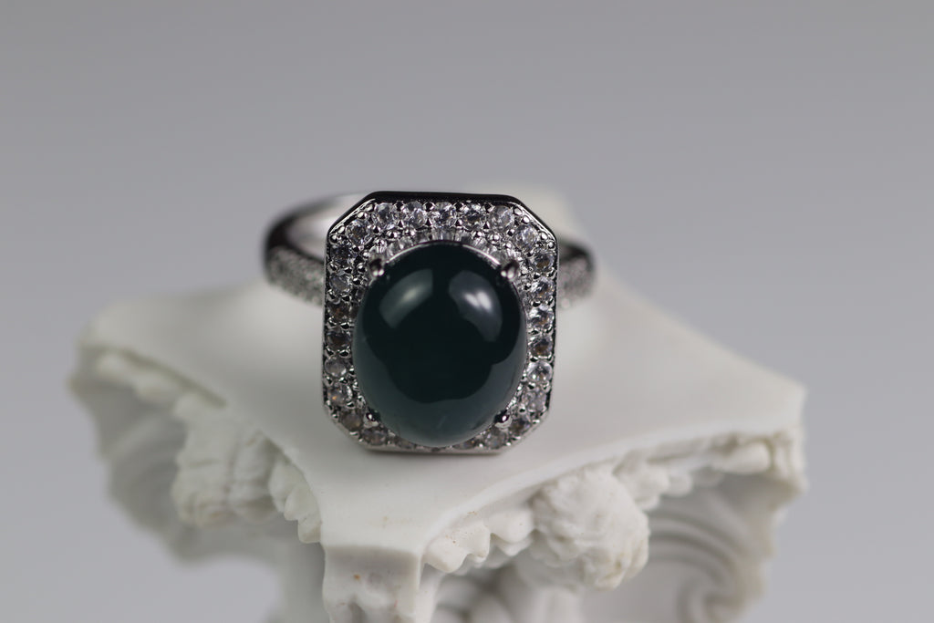 Cushion Halo Oval Jade Ring