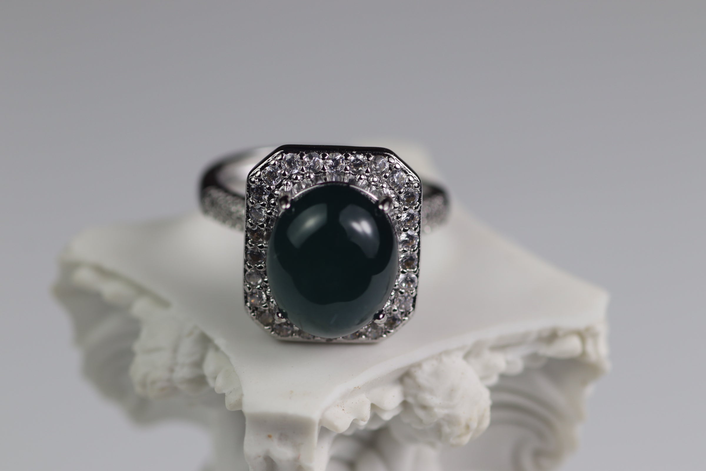 Cushion Halo Oval Jade Ring