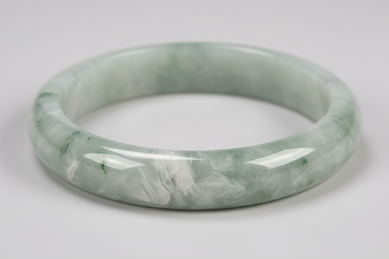 Close-up image of a natural jade bangle showing translucency and natural veining on a clean, neutral background.